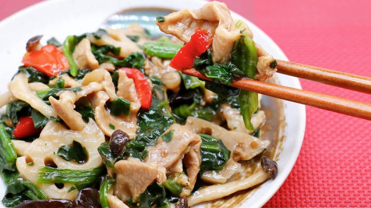 Malabar Spinach Stir-Fry with Pork and Mushrooms Recipe